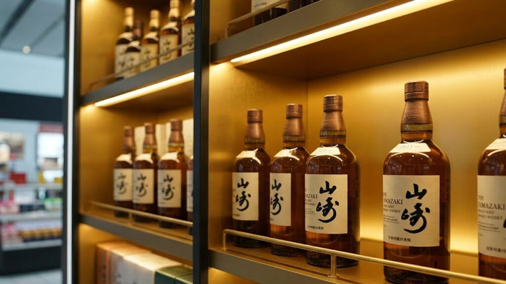 고급스러운 조명을 받는 일본 공항 면세점의 위스키 진열대 모습