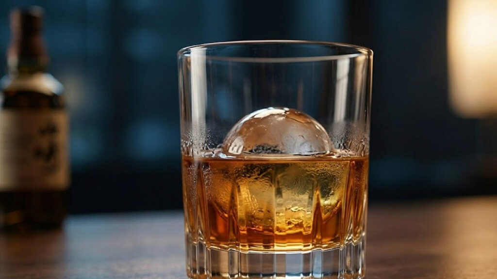 투명한 얼음과 함께 글라스에 담긴 영롱한 호박색 야마자키 위스키