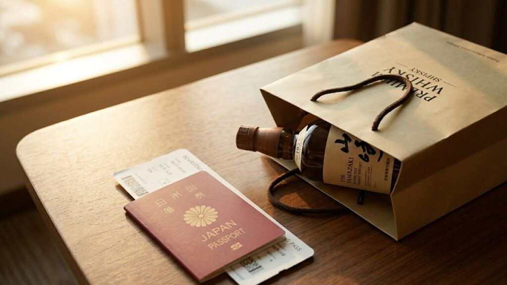여행의 설렘을 담은 여권과 비행기 티켓, 그리고 쇼핑백에 담긴 위스키