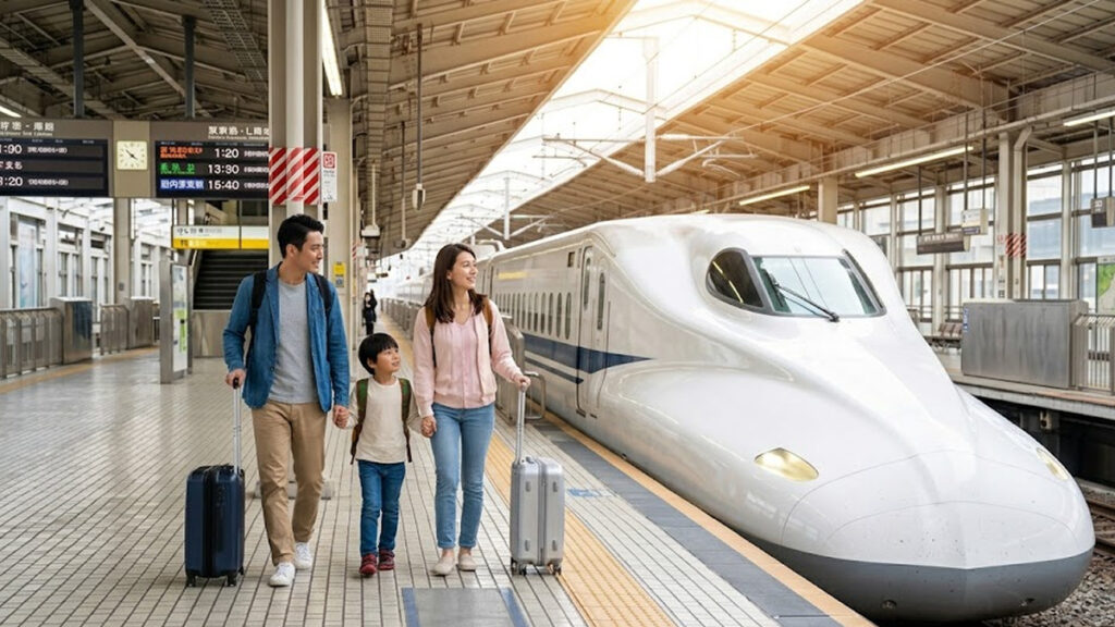 결제 성공 후 가벼운 마음으로 신칸센에 오르는 가족