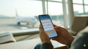 공항 라운지에서 땡처리 항공권을 확인하는 모습