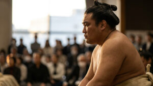료고쿠 국기관(Ryōgoku Kokugikan) 내부, 경기 전 명상에 잠긴 스모 선수(Rikishi)의 모습.