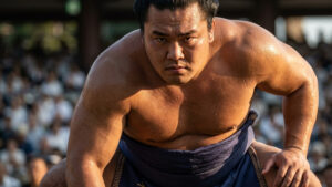 골든 아워의 자연광 아래 땀에 젖은 긴장된 근육과 결연한 표정. 스모 대회의 뜨거운 열기를 직관적으로 전하는 선수 클로즈업.
