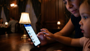 엄마가 스마트폰을 들고 스크롤하는 모습