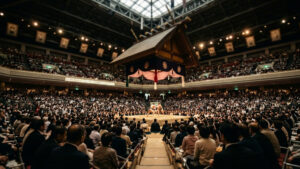 료고쿠 국기관(Ryōgoku Kokugikan)의 스모 경기, 관중들이 조용하고 존중하는 태도로 경기를 지켜보고 있다.