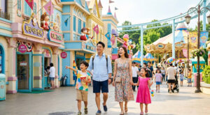 여유롭게 테마파크를 거닐며 즐기는 행복한 가족의 모습