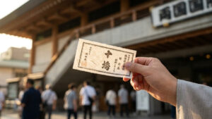 료고쿠 국기관(Ryōgoku Kokugikan) 입구, 전통 스모 경기 티켓을 제시하는 모습.