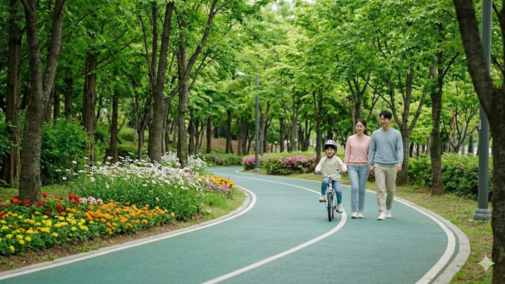 자연 속에서 자전거를 타는 아이와 광주 시민의 숲 풍경
