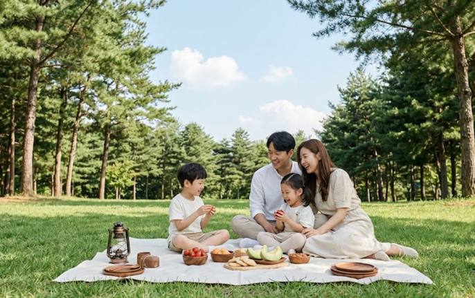 아이와 함께 양평의 푸른 잔디밭에서 감성 캠핑 매트를 펴고 피크닉을 즐기는 부모와 아이