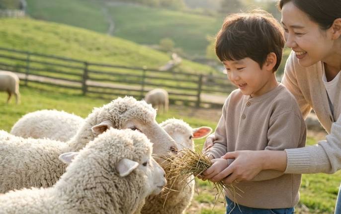 아이와 함께 양평 양떼목장에서 아기 양에게 건초를 주며 미소 짓는 아이와 엄마