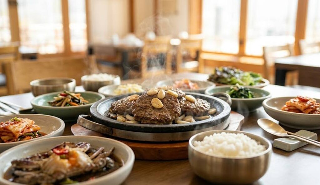 충북 단양 맛집에서 제공하는 아이용 마늘 떡갈비 정식 상차림